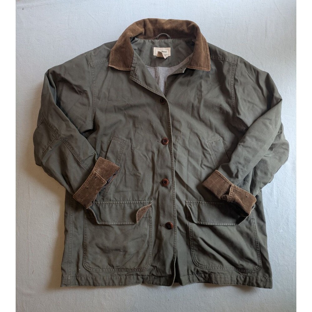 Vintage LL Bean Womens Canvas Field Coat Jacket Olive Green Corduroy Collar Larg